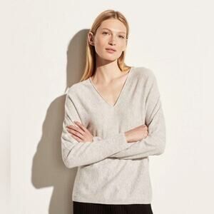 Vince Sweater Wool Cashmere Double V Neck Knit Classic Minimalist Taupe Size S